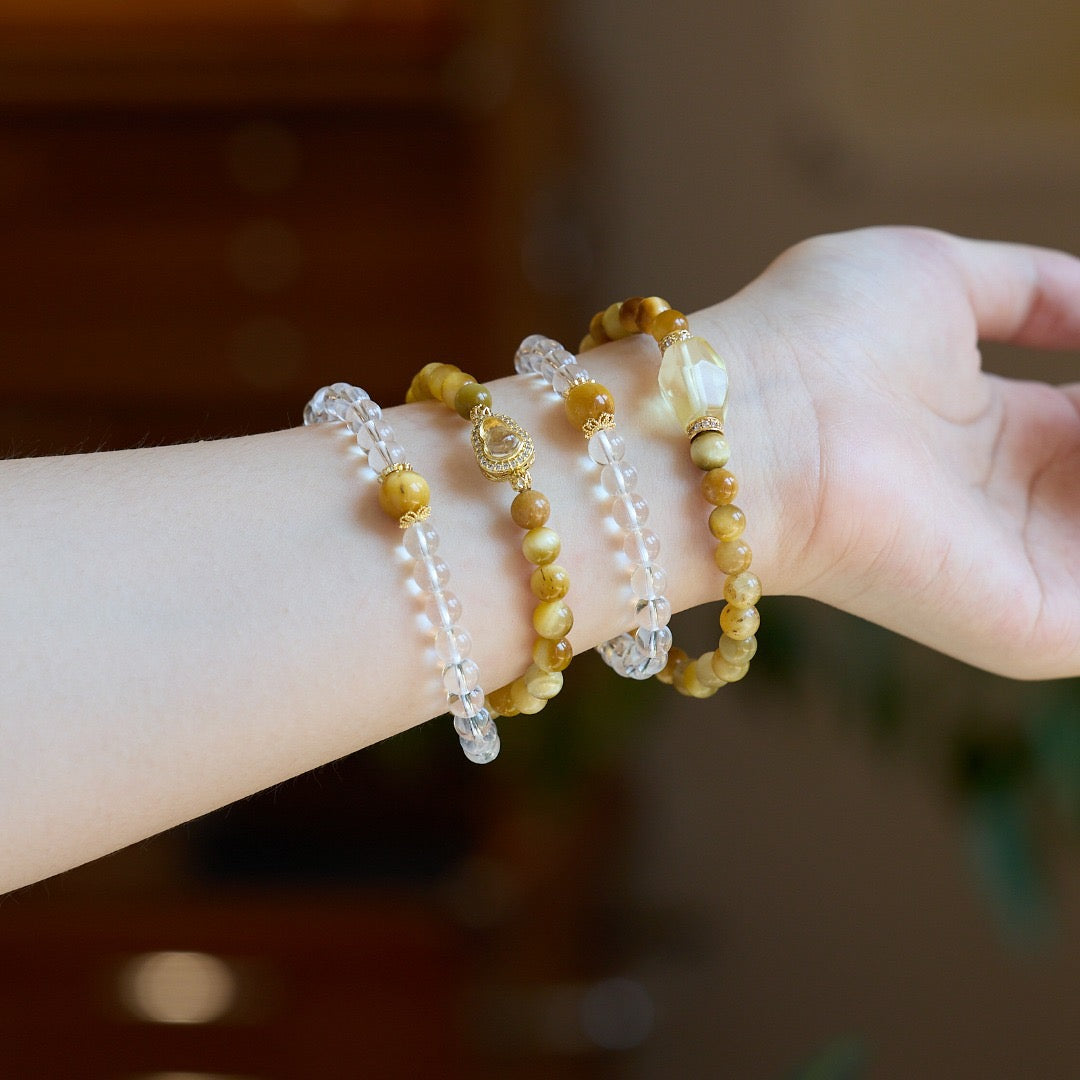 6mm White Crystal & Tiger Eye Double-Layer Bracelet | Gourd or Faceted Citrine Design