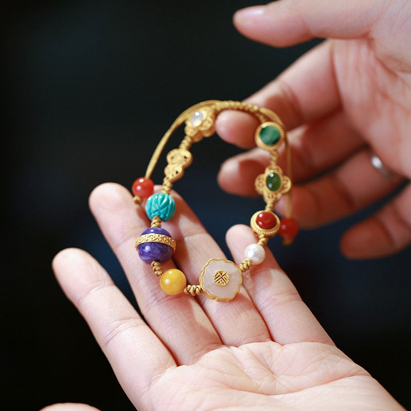 Luxury Multi-Gemstone Woven Bracelet | Jade, Amber, Pearl & Opal with 925 Silver Charms – Perfect Gift