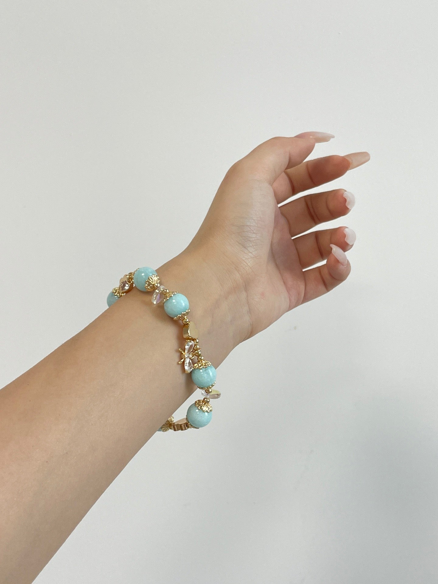 Aquamarine Chalcedony Bracelet | 10mm Beads with Zircon & 14K Gold Plated Copper
