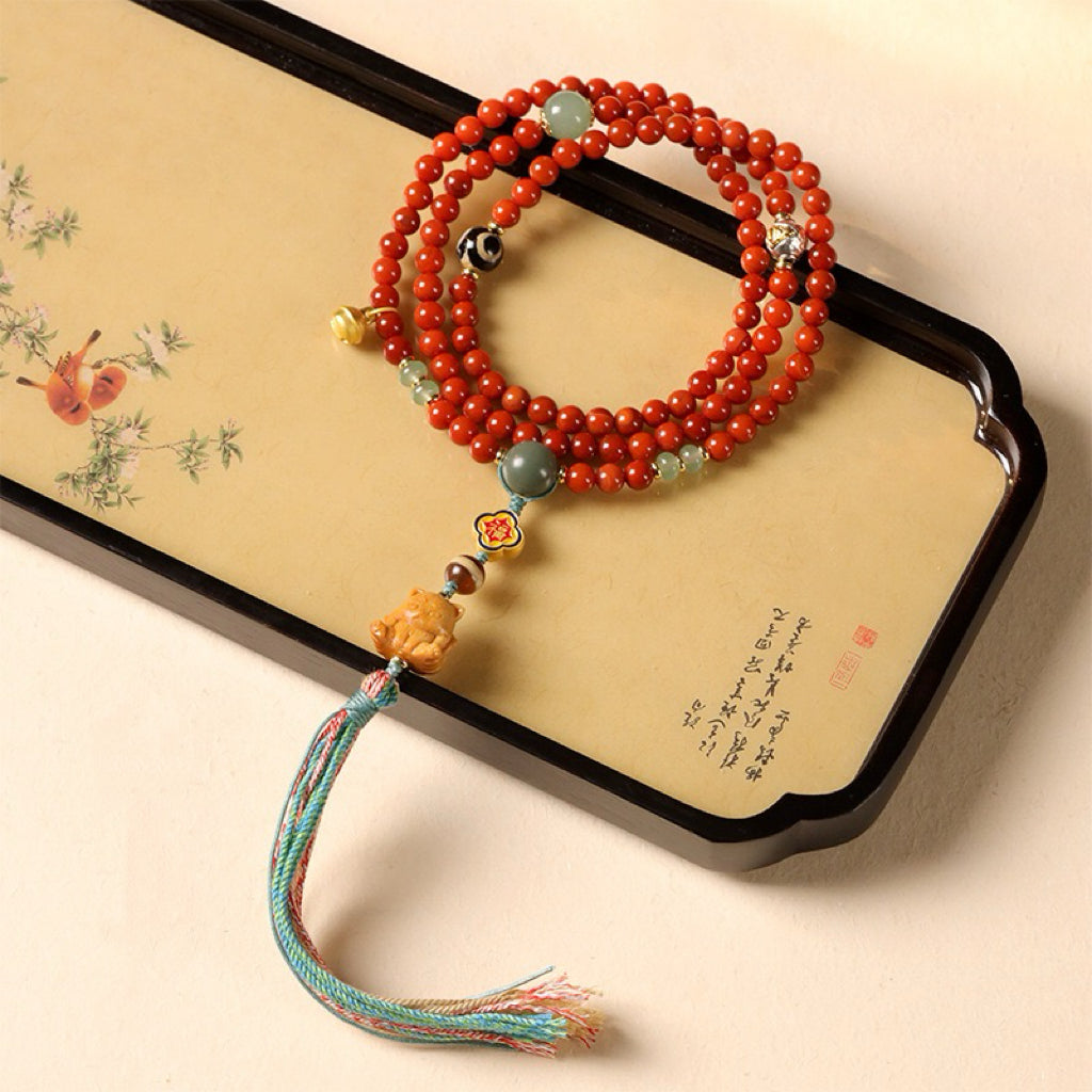Red Agate 6mm Bracelet /Necklace| Bodhi & Dzi Spacer Beads, Ethnic Buddhist Mala Jewelry for Zodiac Year