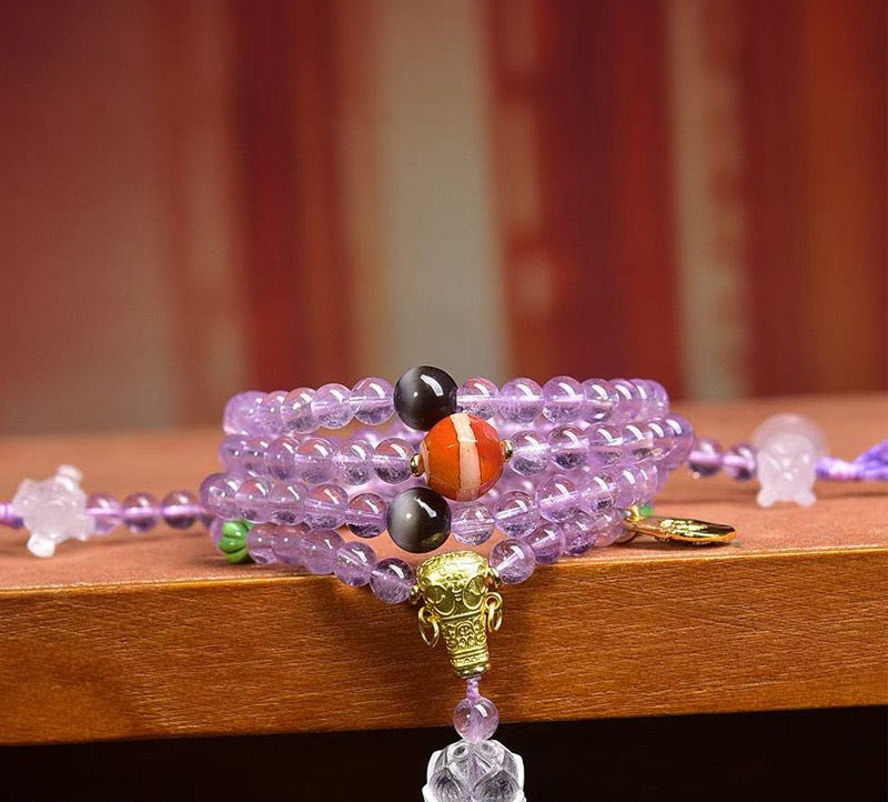 108-Bead Amethyst Tibetan Multi-Layer Bracelet | White Crystal & Turquoise Accents