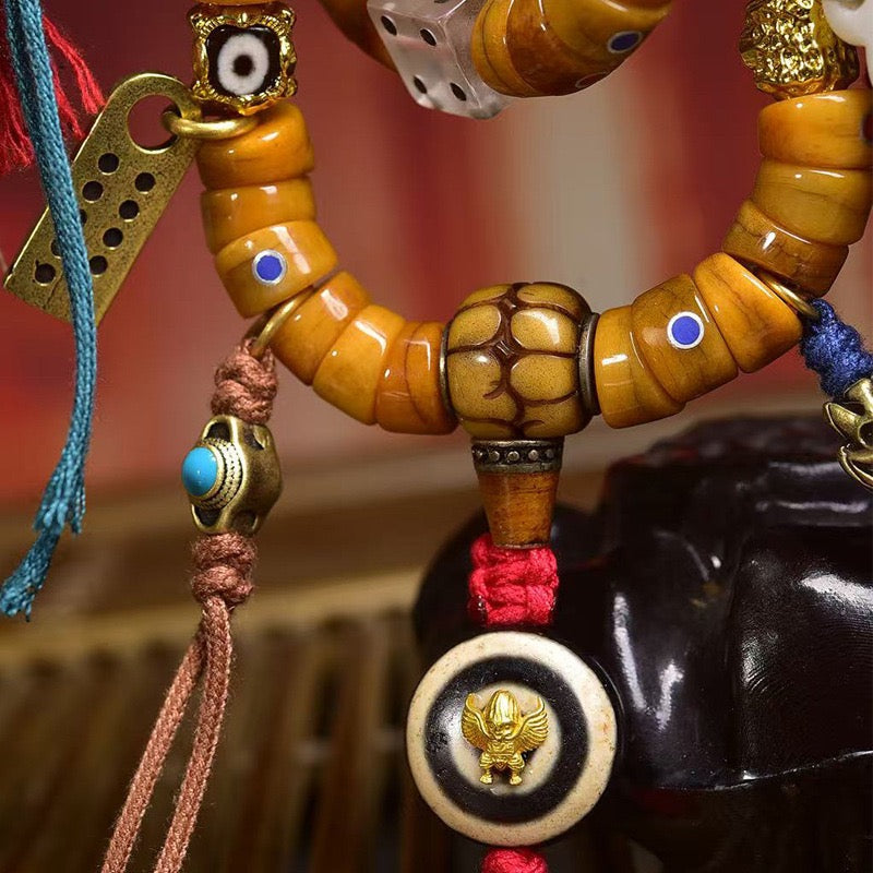 Tibetan Yak Bone Mala – 108 Beads Prayer Necklace with Barrel Beads, Agate & Dzi Beads Accents