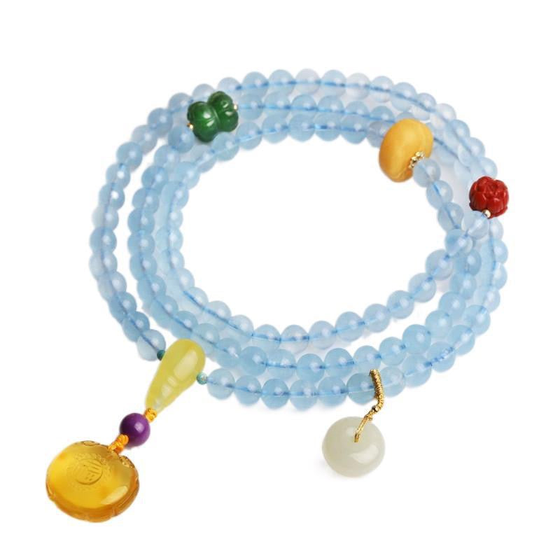 Aquamarine 108 Beads Mala Beads Bracelet Necklace | Ice-Clear Gemstone Jewelry Gift