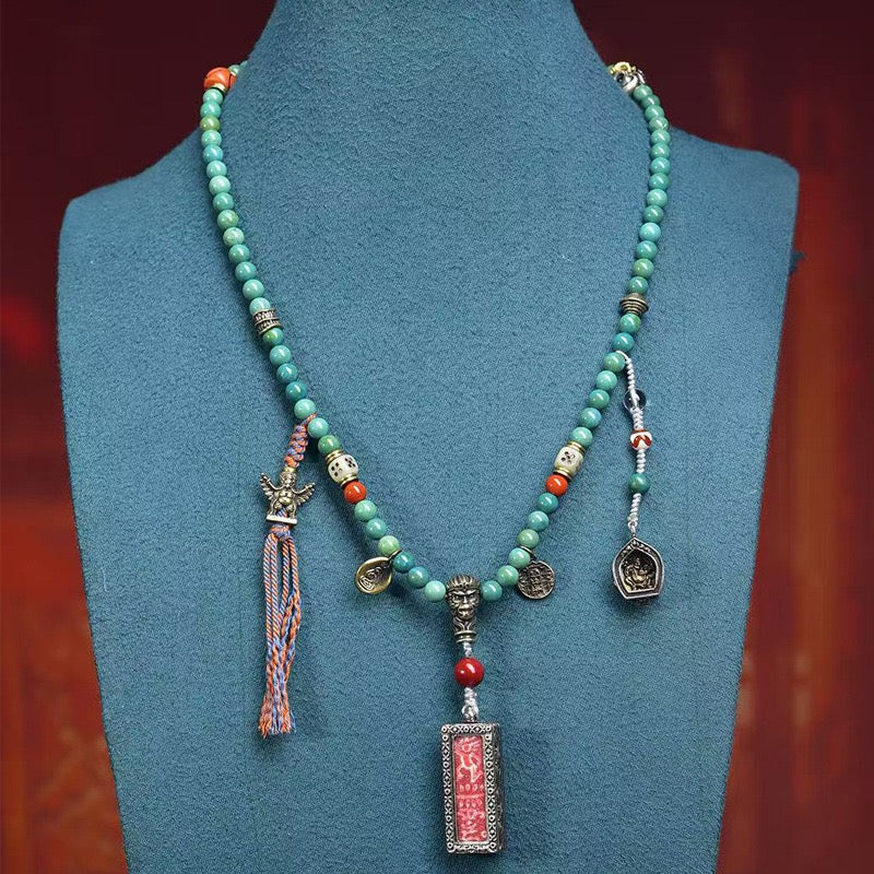 Tibetan Akshobhya Vajra Gau Box Pendant Necklace – Thangka Style with Glass, Copper & Turquoise