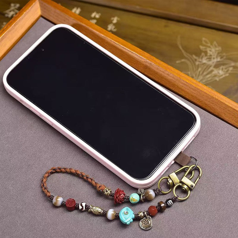 Handmade Woven Phone Charm | Turquoise, Cinnabar, Agate & Dzi Bead with Buddha and Bear Pendant