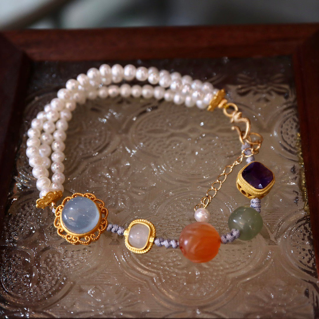 Multi-Gemstone Braided Bracelet | Freshwater Pearl, Aquamarine & Hetian Jade