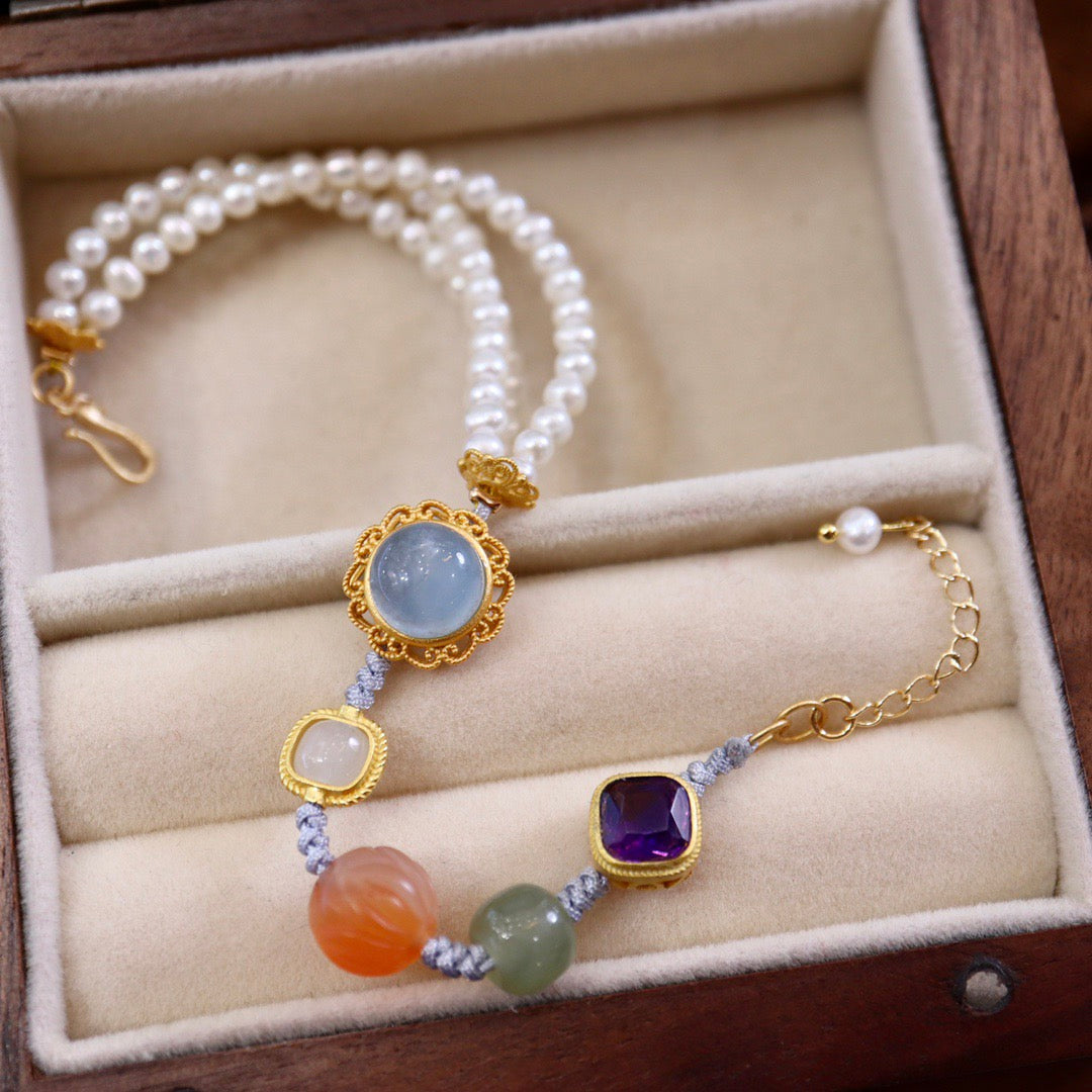 Multi-Gemstone Braided Bracelet | Freshwater Pearl, Aquamarine & Hetian Jade