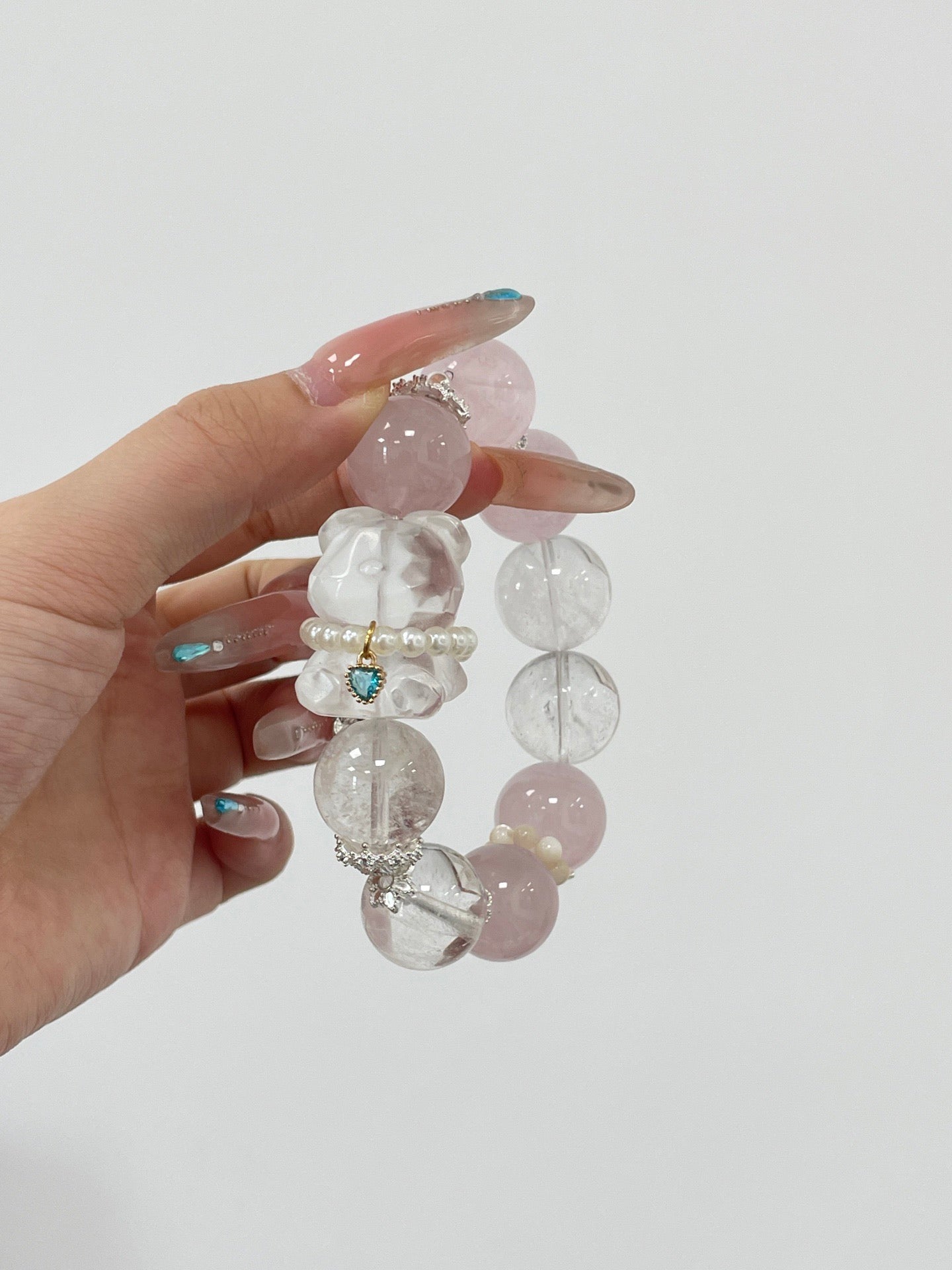 Sweetheart Bear Pendant | Rose Quartz & White Phantom Crystal | 17mm