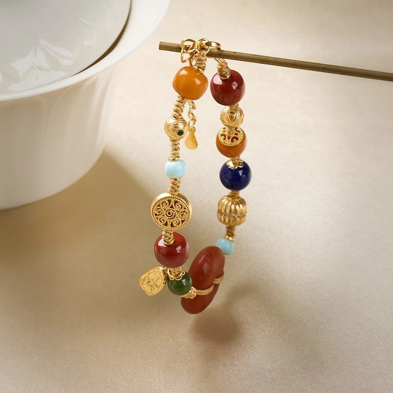 Multi-Gemstone Braided Bracelet | “Perfect Harmony” Series, Natural Amber & 925 Gold-Plated Silver