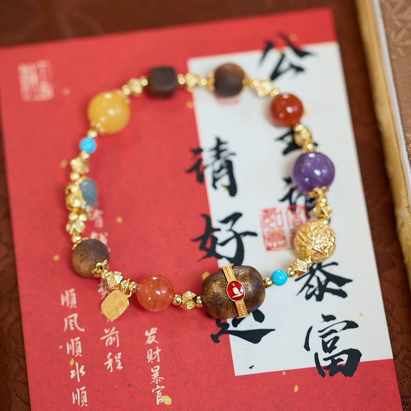 Multi-Gemstone Braided Bracelet | 925 Gold-Plated Silver, Amber, Turquoise & Carnelian