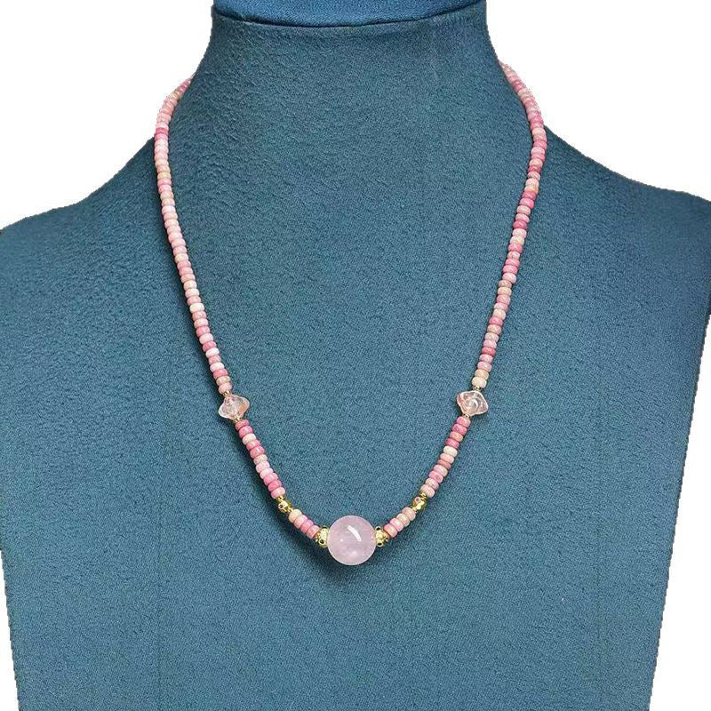 Natural Rhodochrosite Necklace for Women | Rose Quartz Pendant with Red Agate Cloud Accent – Dainty Luxury Clavicle Chain