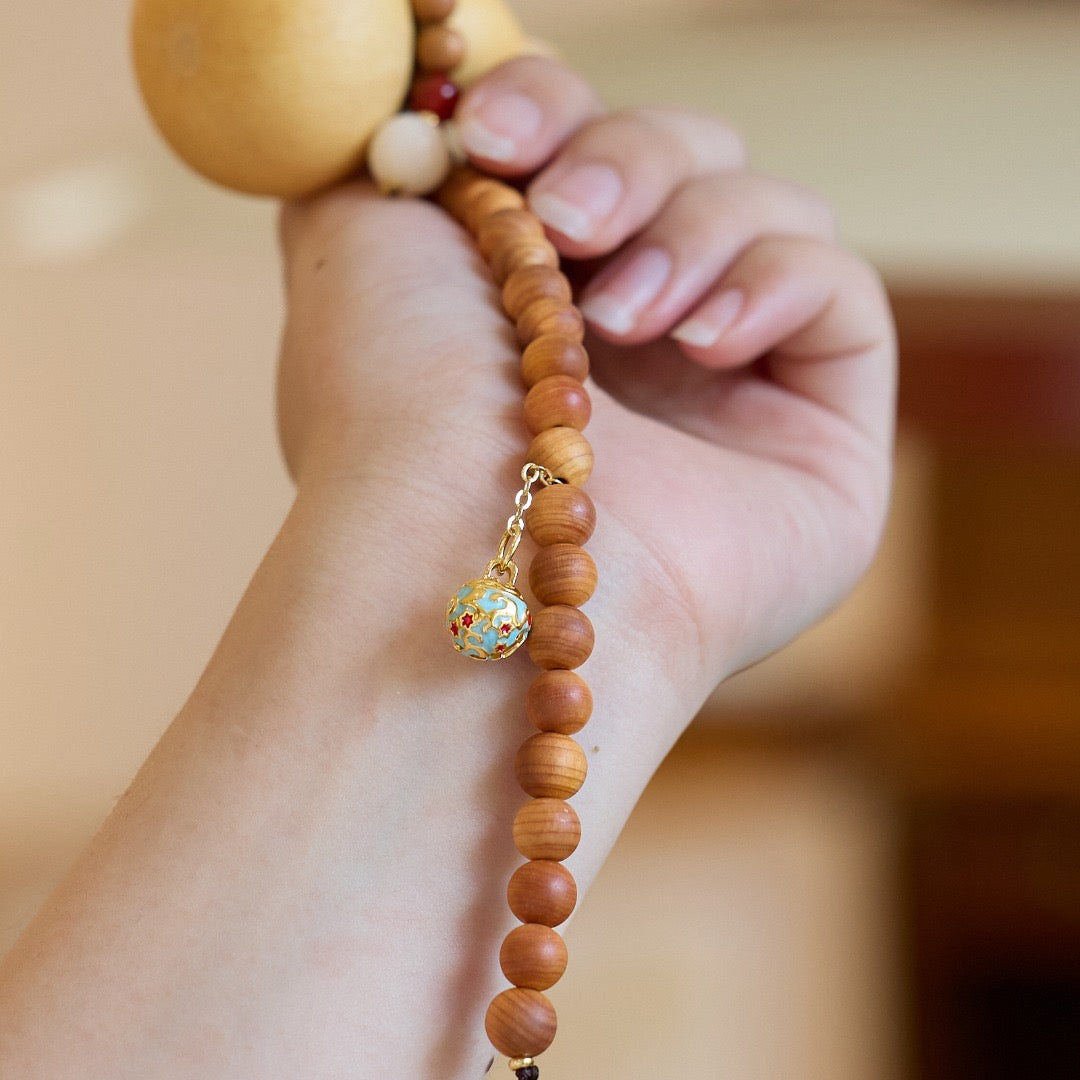 Sandalwood Phone Chain with Gourd, Lotus & Tassel | Lucky Fu Lu Shou Design (8mm Beads)