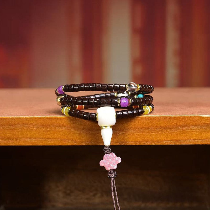 Natural Coconut Barrel Beads Mala – Multi-Layer Bracelet & Necklace with Agarwood, Turquoise & Agate