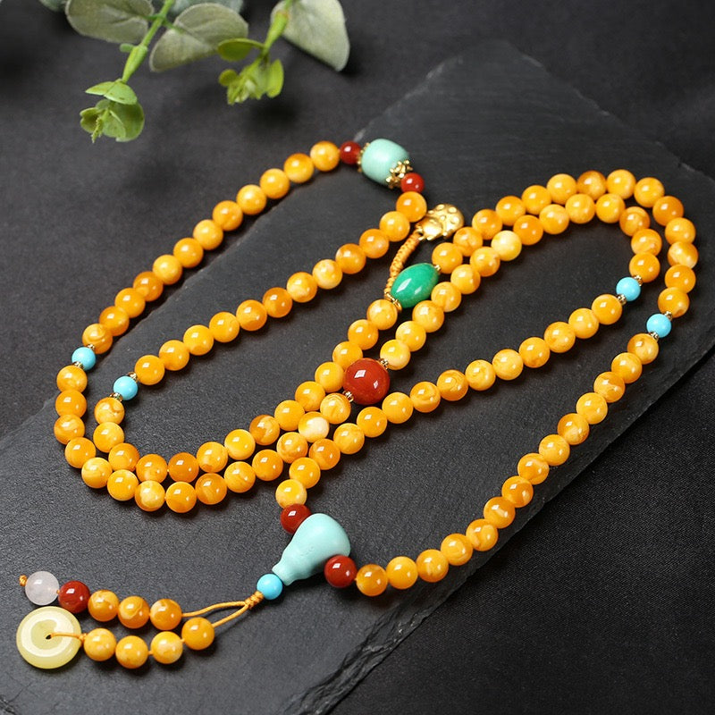 Natural Baltic Amber Beeswax 108 Beads Bracelet & Necklace | Multi-Layer Raw Old Wax Mala Prayer Beads Jewelry