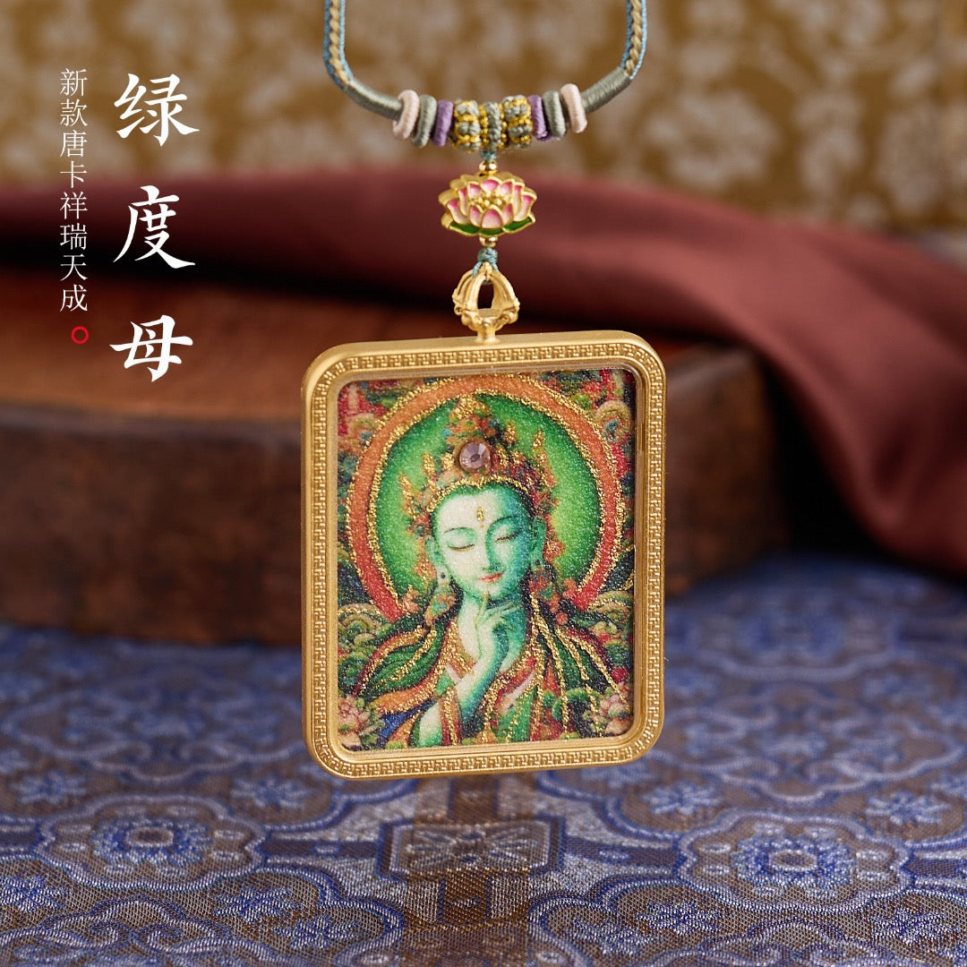 Titanium Frame Gemstone & Mineral Gold-Painted Thangka Necklace with Enamel Lotus (4x5mm, Handmade Cord)