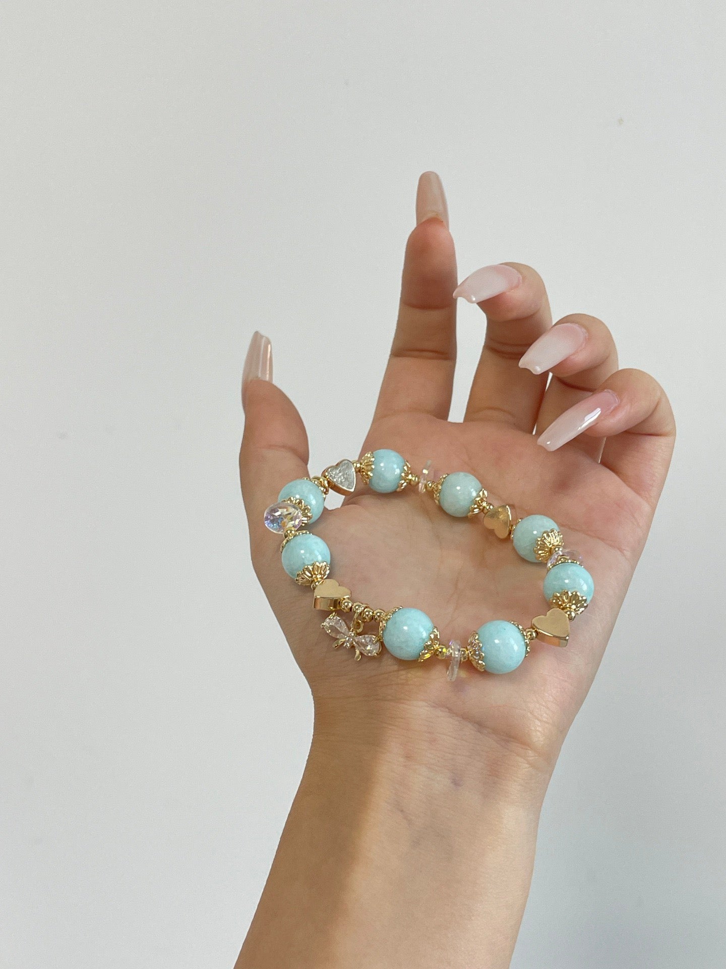 Aquamarine Chalcedony Bracelet | 10mm Beads with Zircon & 14K Gold Plated Copper