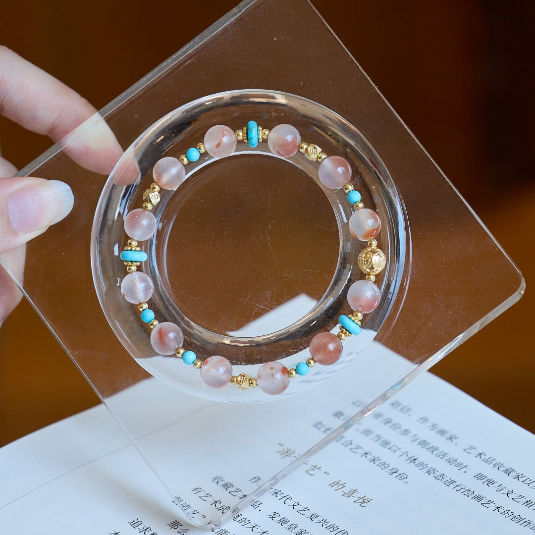 8mm Ice-Floating South Red Agate + Turquoise + Gold-Plated Copper Blessing Bead Bracelet