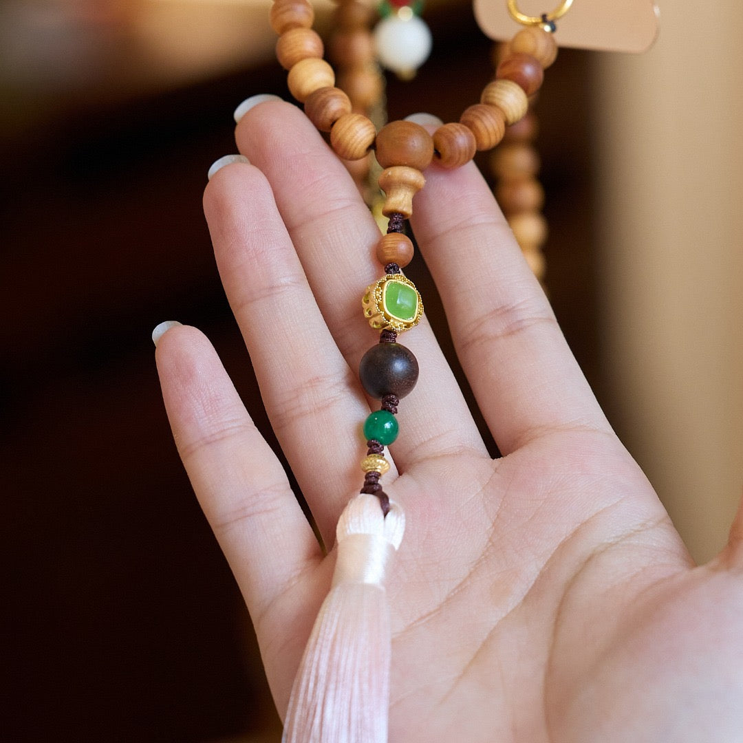 Sandalwood Phone Chain with Gourd, Lotus & Tassel | Lucky Fu Lu Shou Design (8mm Beads)