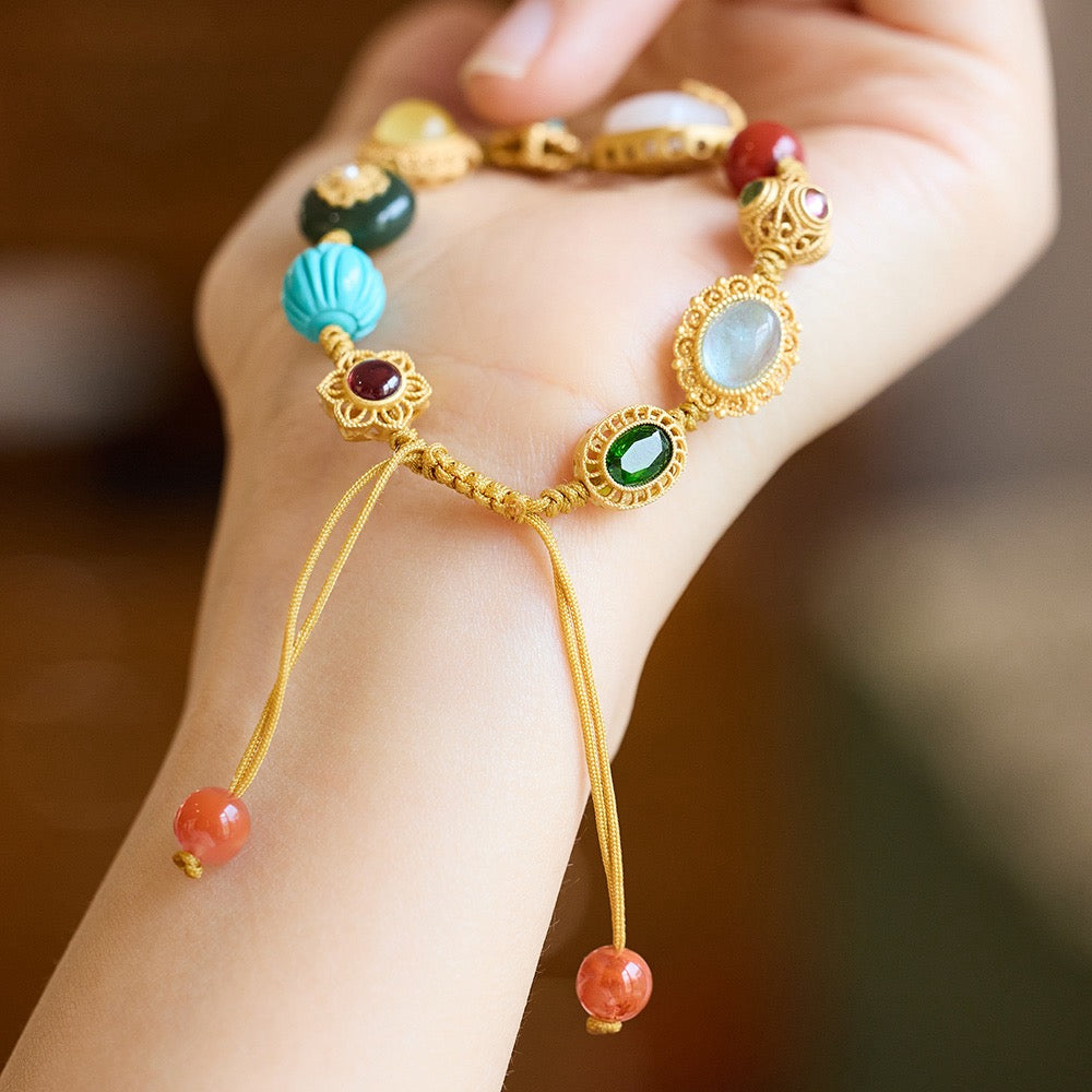 Multi-Gemstone Woven Bracelet | White Jade Flower Edition | Tourmaline, Aquamarine, Garnet & Amber with 925 Silver Charms