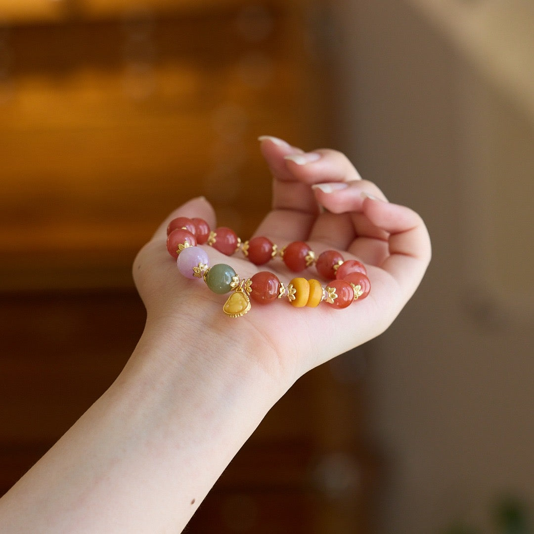 10mm Cherry Red Agate & Green Agate Maitreya Bracelet