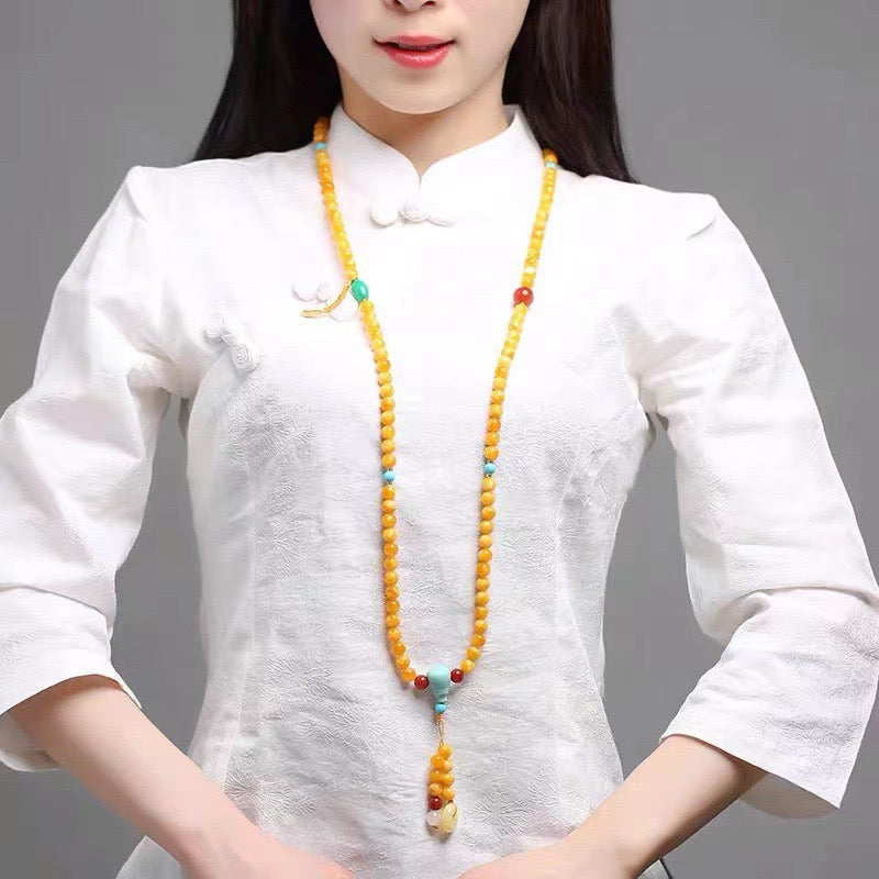 Natural Baltic Amber Beeswax 108 Beads Bracelet & Necklace | Multi-Layer Raw Old Wax Mala Prayer Beads Jewelry