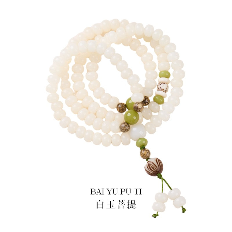 Buddha White Jade Bodhi Lotus Mala Harmony Necklace Bracelet