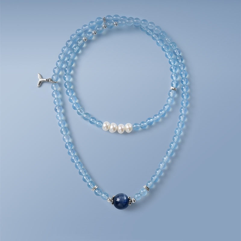 Natural Aquamarine 4–5mm Beaded Multi-Layer Bracelet/Necklace | Elegant Jewelry with Freshwater Pearl Accents