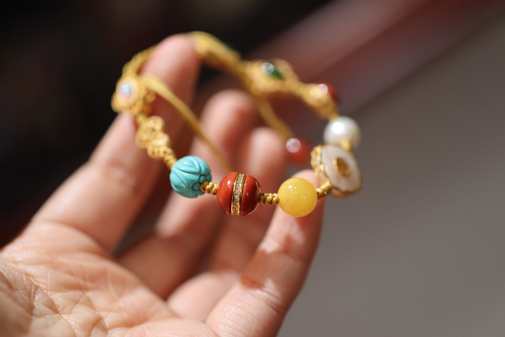 Multi-Gemstone Bracelet | Red Agate, Jade, Pearl & Amber with 925 Gold-Plated Charms