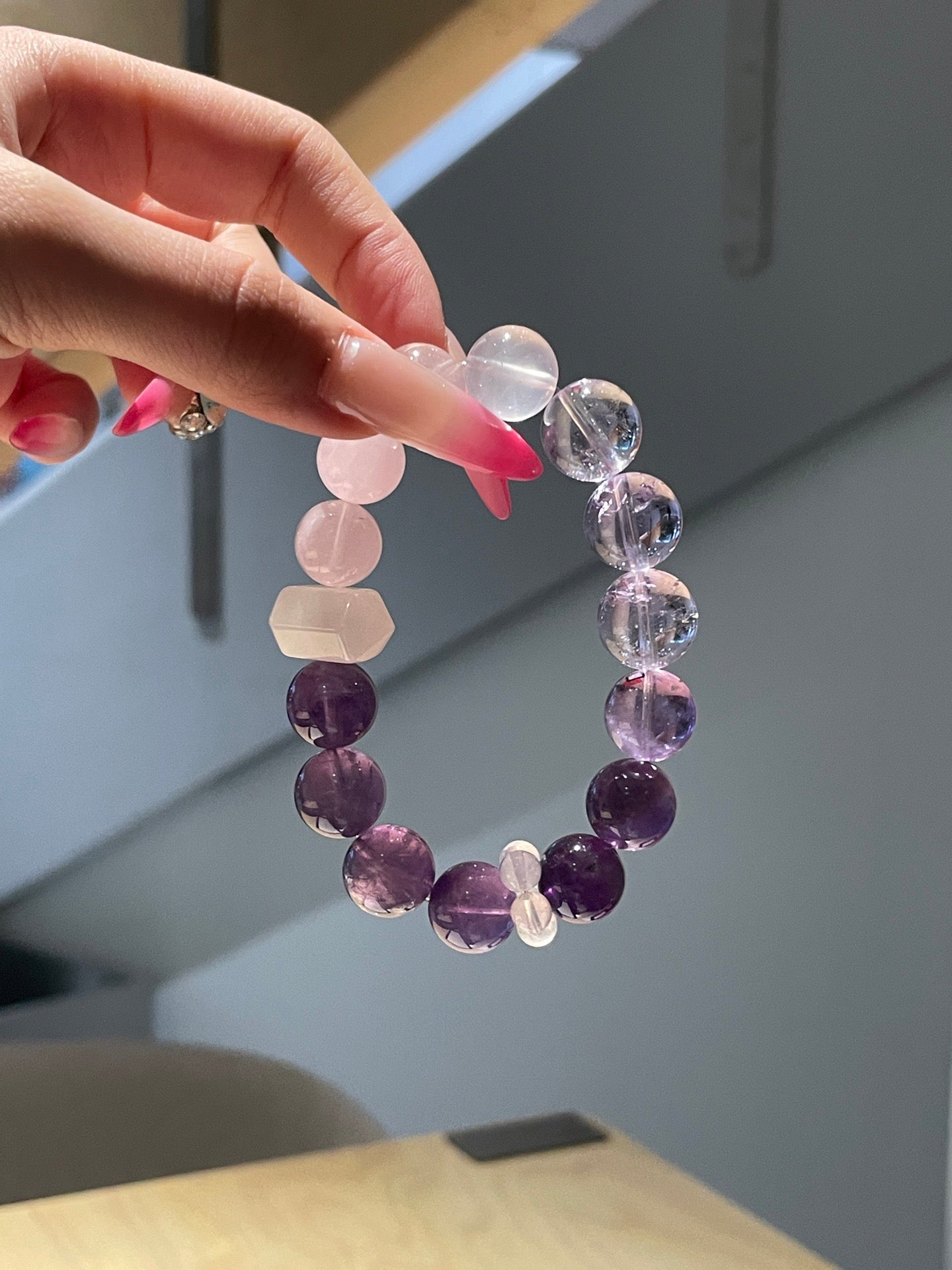 Amethyst Rose Glass Bracelet | Rose Quartz, Milky Quartz & Amethyst | 12mm