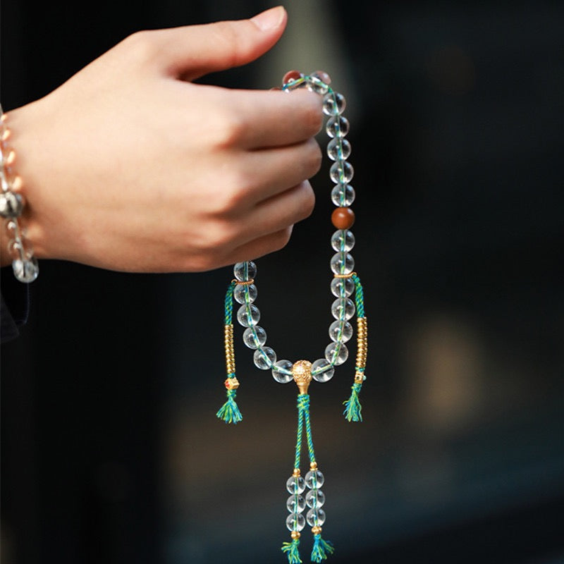 Natural Brazilian Clear Quartz 10 mm Beaded Bracelet | New-Chinese Style Prayer Mala, Handheld Buddhist Strand