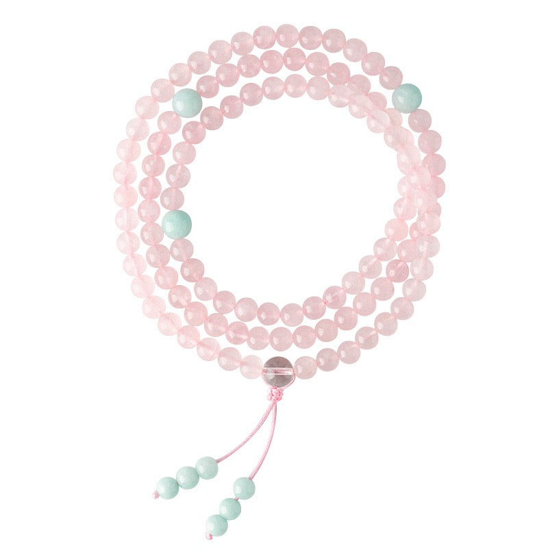 Natural Rose Quartz 6 mm 108 Beads Mala Bracelet Necklace| Multi-Layer Strawberry Quartz Handcrafted Jewelry, Romantic Birthday & Valentine’s Gift