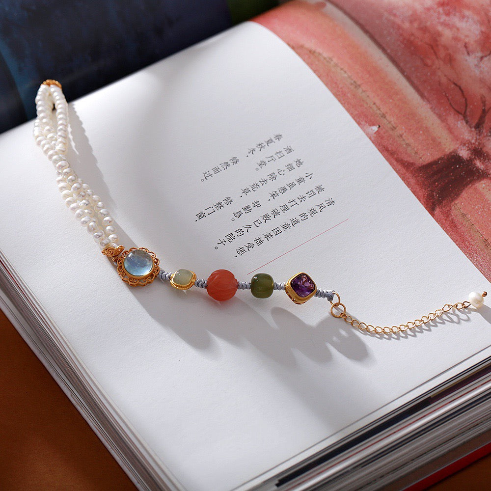 Multi-Gemstone Braided Bracelet | Freshwater Pearl, Aquamarine & Hetian Jade