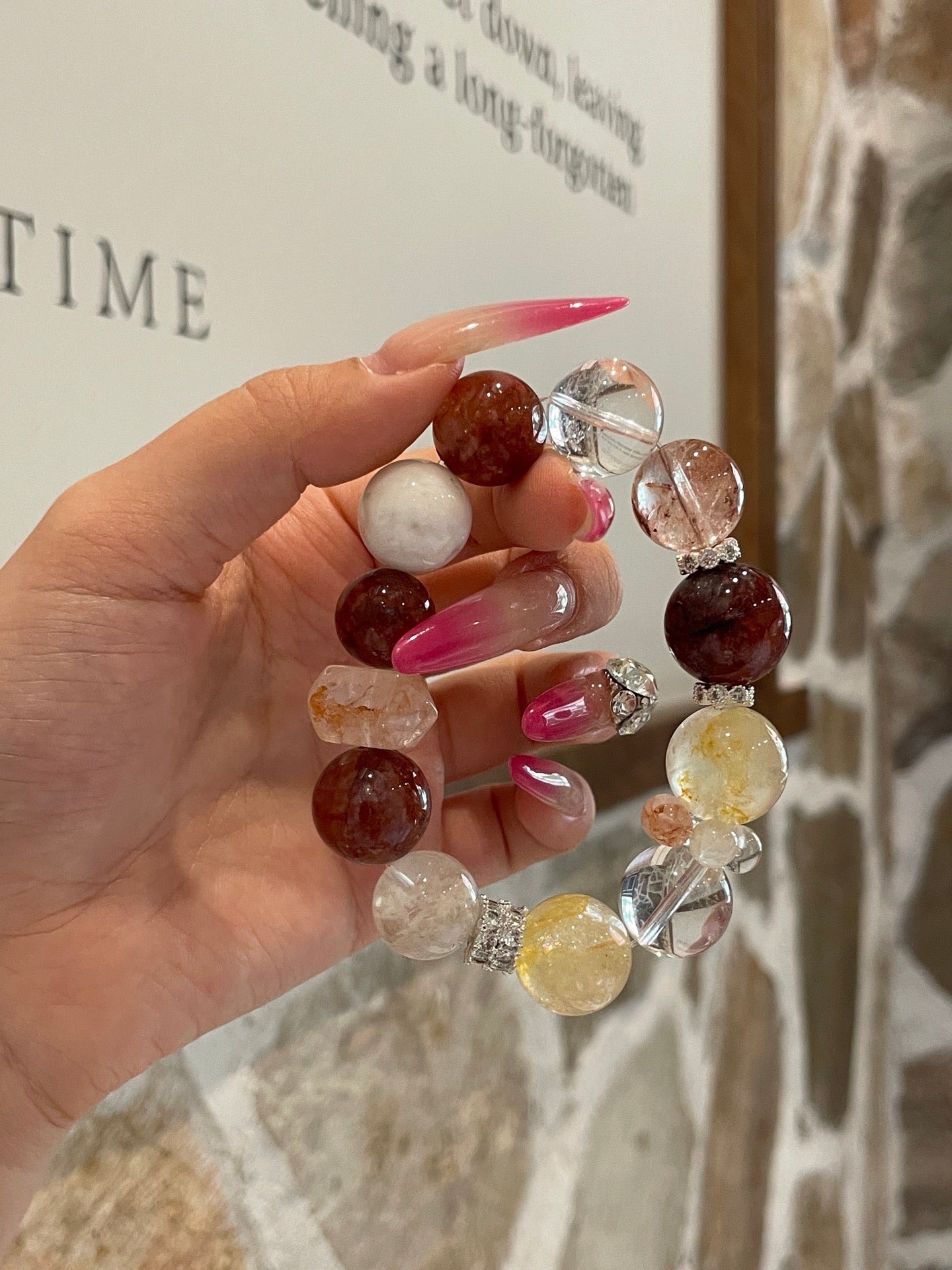 Sunset Glow Crystal Bracelet | Red & Yellow Agate Flower, Clear Quartz & Snow Phantom | 13–16mm