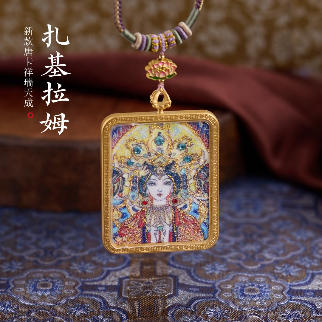 Titanium Frame Gemstone & Mineral Gold-Painted Thangka Necklace with Enamel Lotus (4x5mm, Handmade Cord)