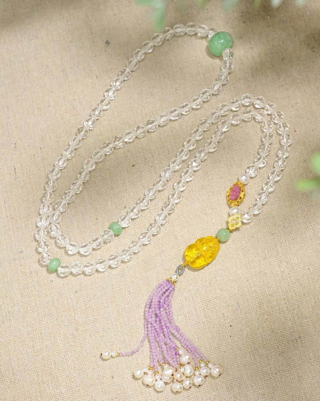 Natural White Crystal 108 Beads Necklace & Bracelet | 8mm Faceted Crystals with Jade Apple Bead, Amber Pixiu & Tassel