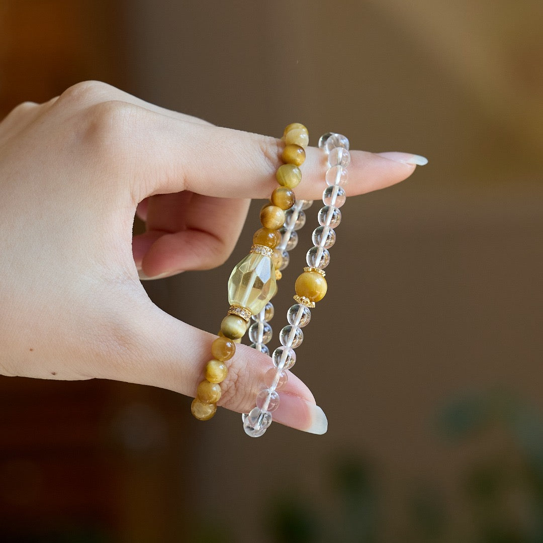 6mm White Crystal & Tiger Eye Double-Layer Bracelet | Gourd or Faceted Citrine Design