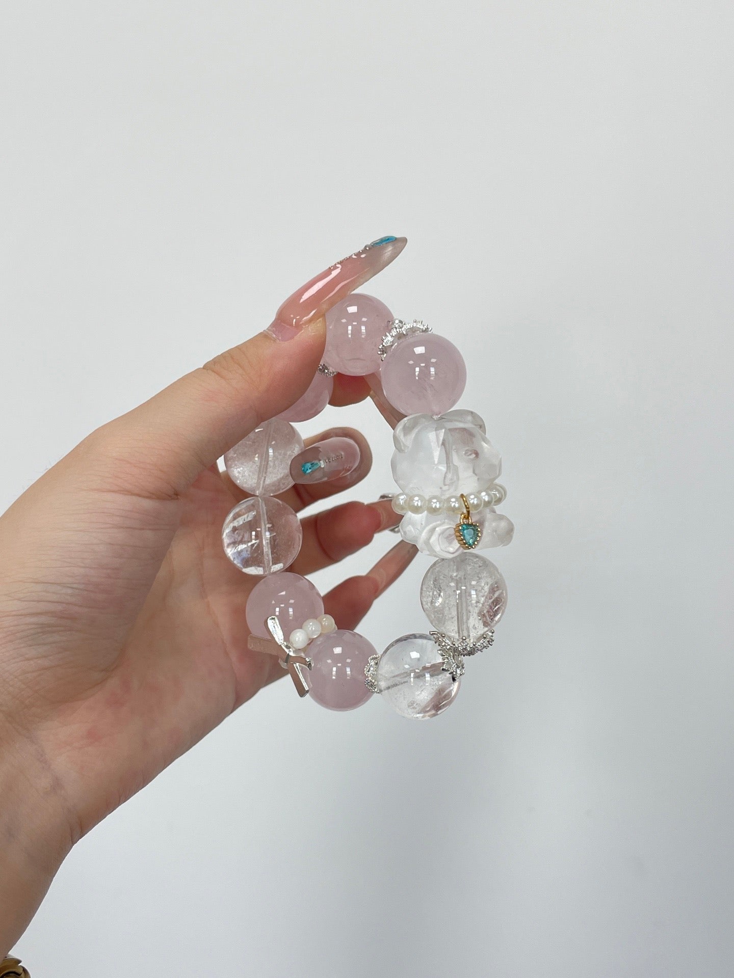 Sweetheart Bear Pendant | Rose Quartz & White Phantom Crystal | 17mm