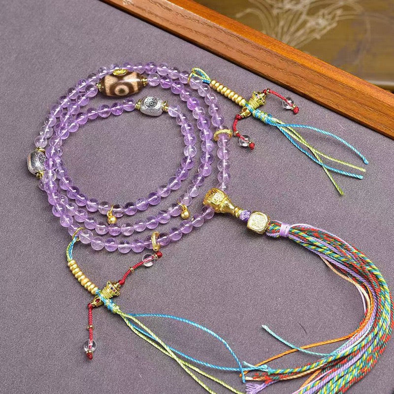 Natural 5.5mm Amethyst 108 Beads Necklace with Pixiu, Clear Quartz, Dzi & Turquoise