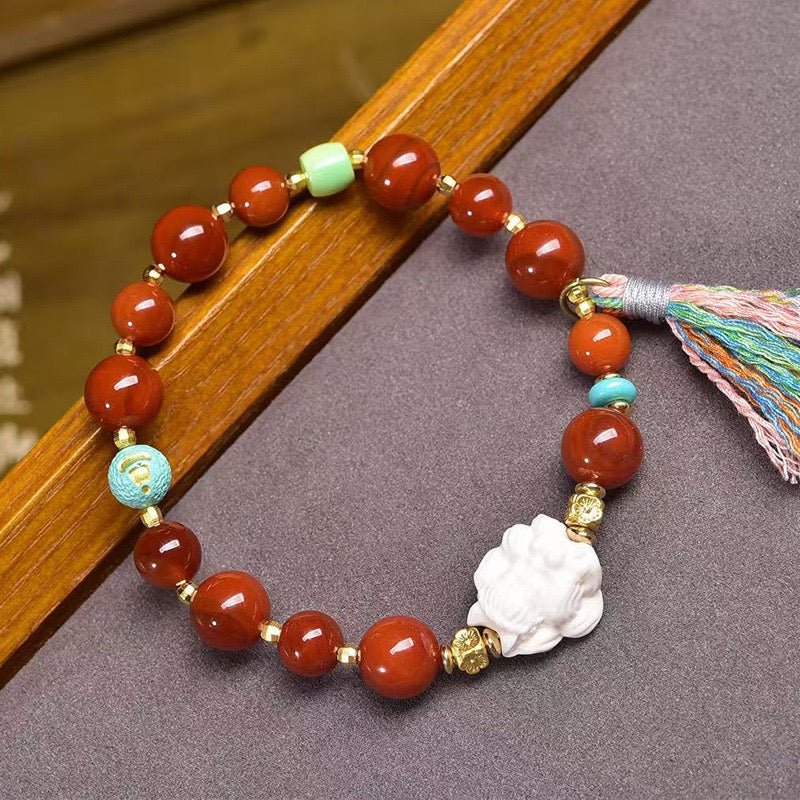 Agate Red 10mm Bead Bracelet – Single Strand with Rose Quartz & Turquoise Accents