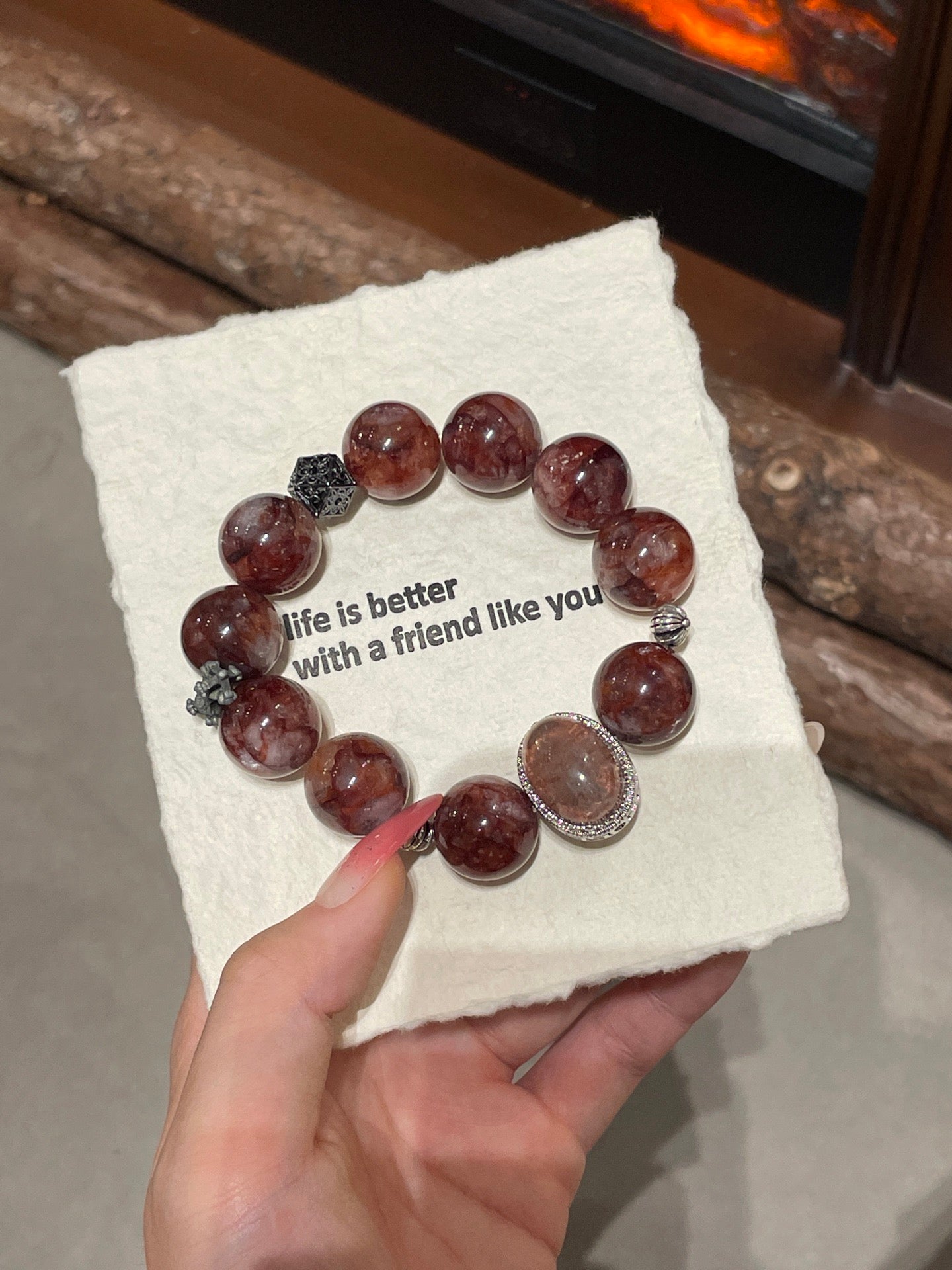 “Rosewood Fortune” Bracelet | Phantom Magic Box & Red Resin Flower 15–16mm