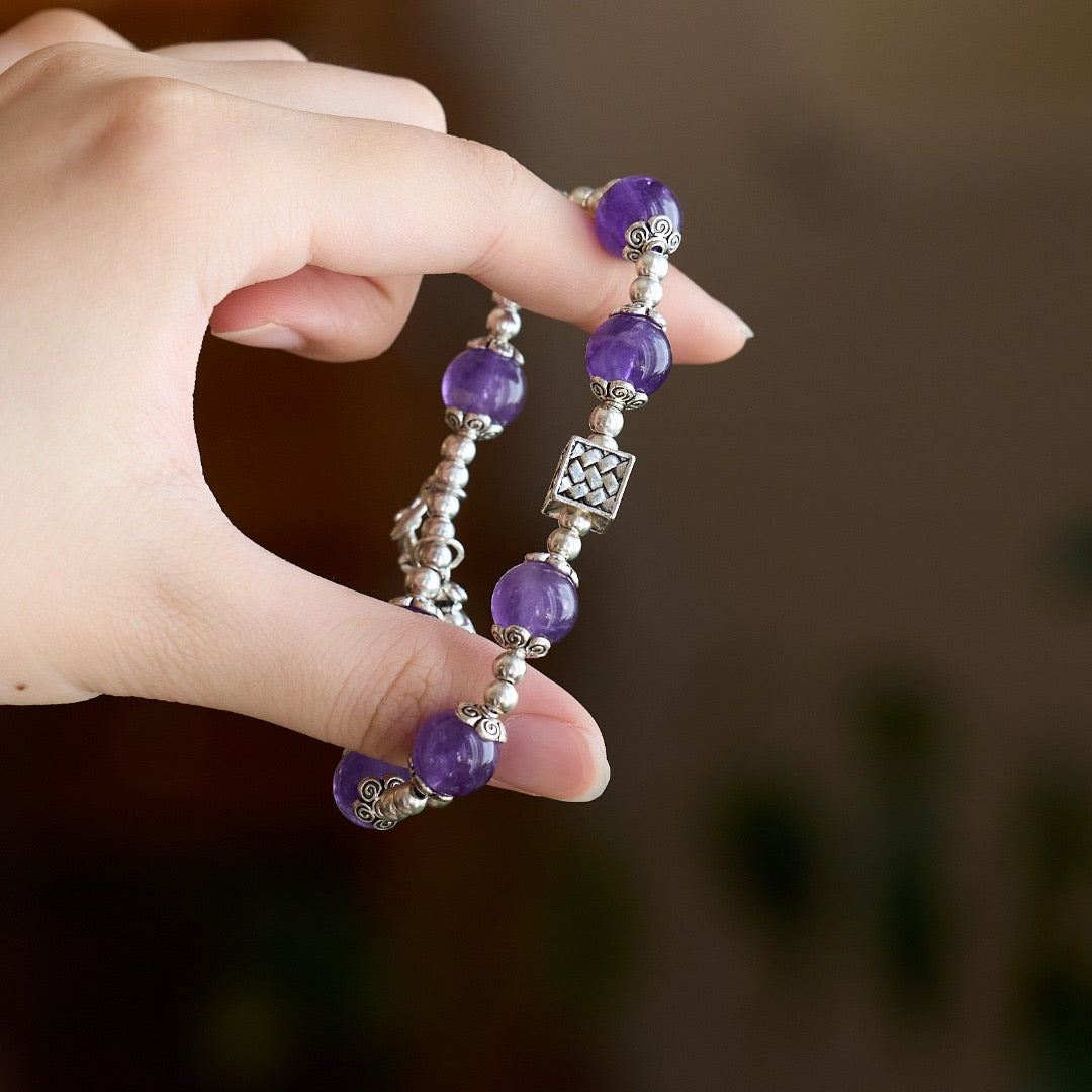 10mm Amethyst Silver-Tone Lucky Bag Bracelet | Leaf & Bell Charm