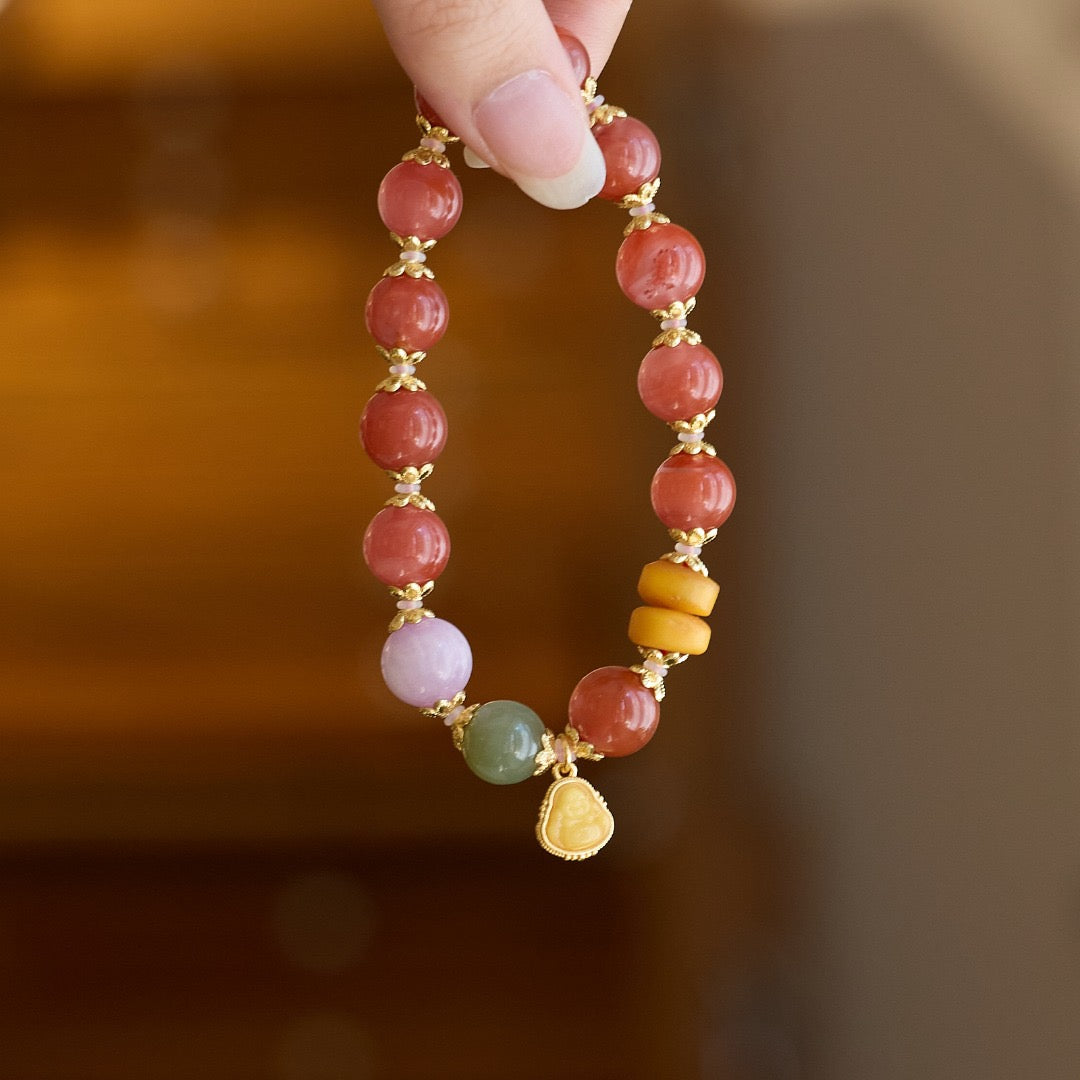10mm Cherry Red Agate & Green Agate Maitreya Bracelet