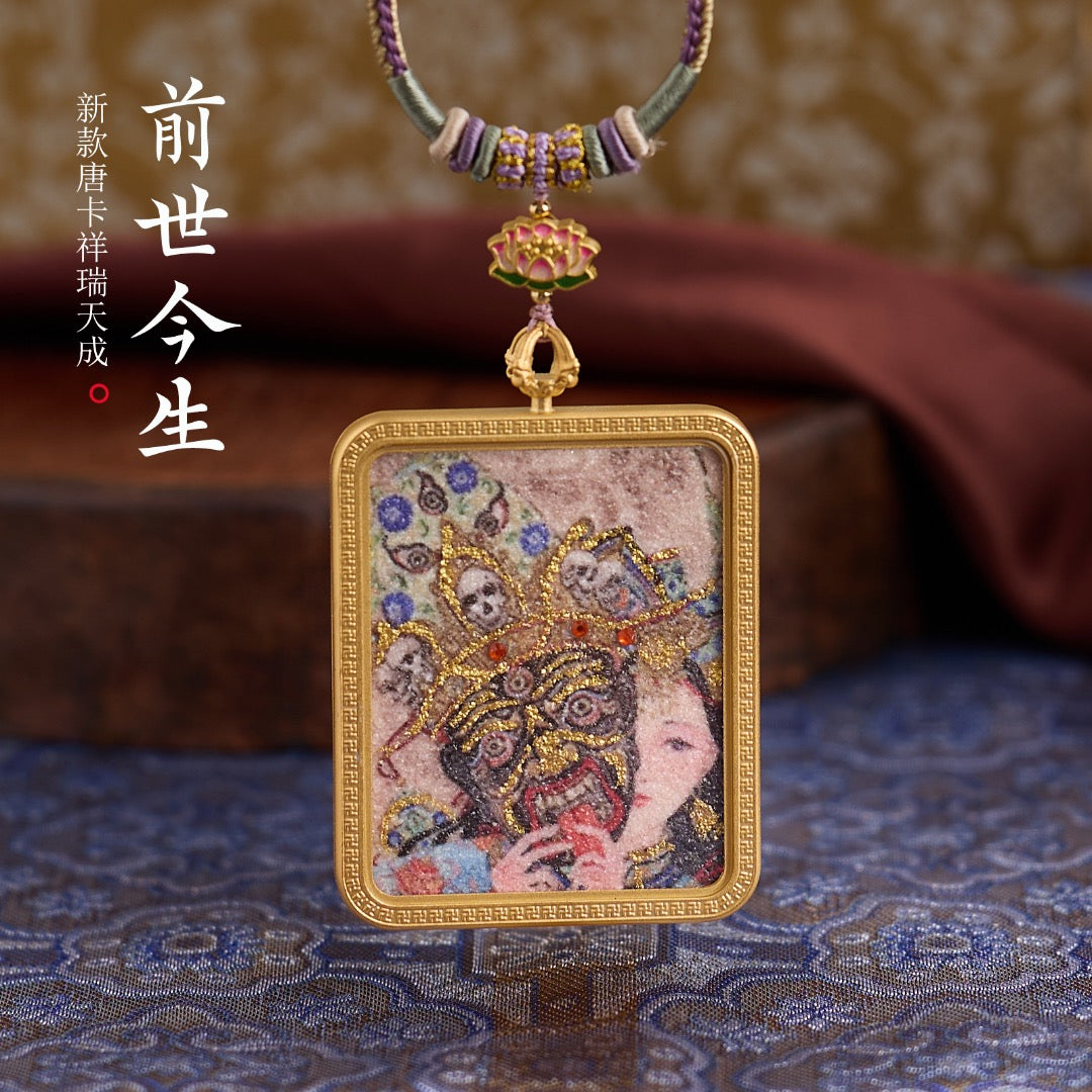 Titanium Frame Gemstone & Mineral Gold-Painted Thangka Necklace with Enamel Lotus (4x5mm, Handmade Cord)