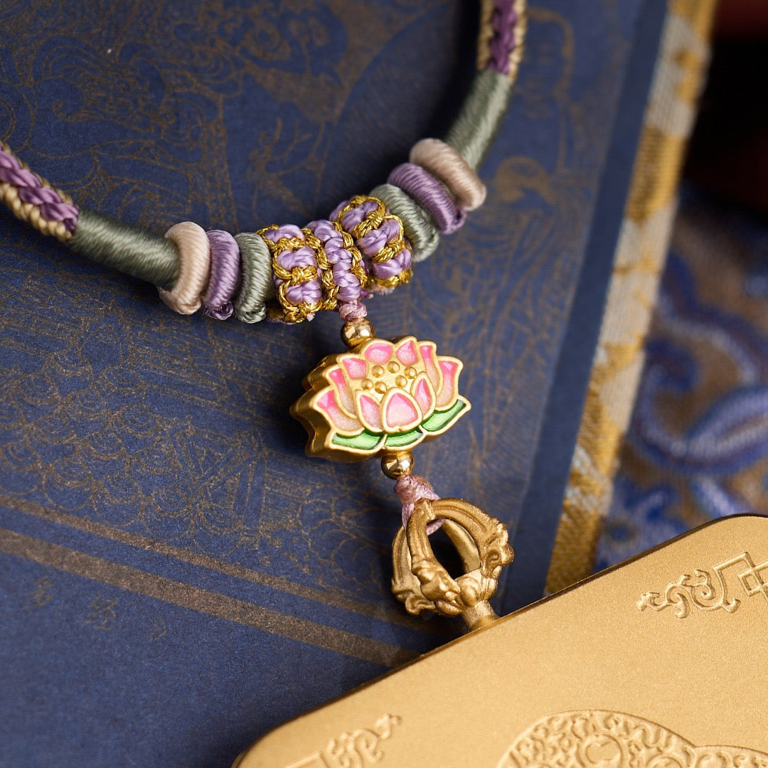 Titanium Frame Gemstone & Mineral Gold-Painted Thangka Necklace with Enamel Lotus (4x5mm, Handmade Cord)