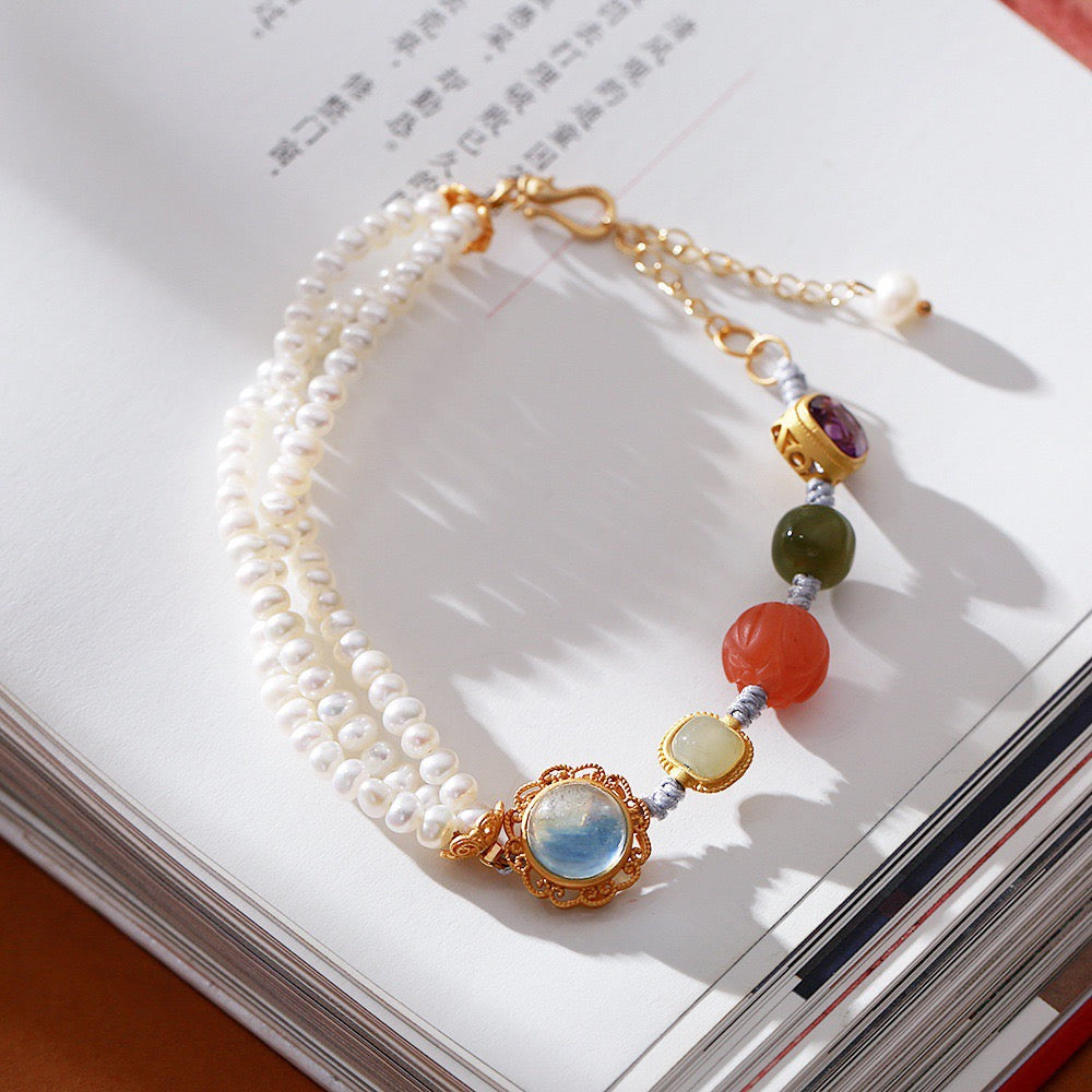 Multi-Gemstone Braided Bracelet | Freshwater Pearl, Aquamarine & Hetian Jade