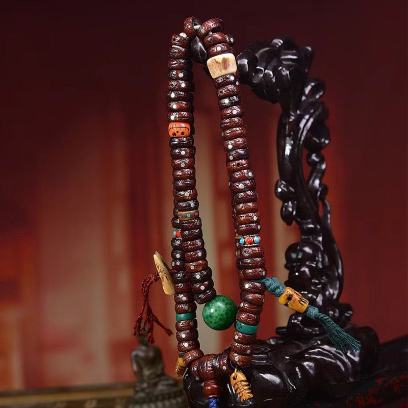 108 Natural Aged Bodhi Seeds Mala – Tibetan Necklace with Glass Beads & Recycled Bone Charms
