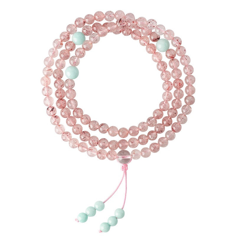 Natural Rose Quartz 6 mm 108 Beads Mala Bracelet Necklace| Multi-Layer Strawberry Quartz Handcrafted Jewelry, Romantic Birthday & Valentine’s Gift