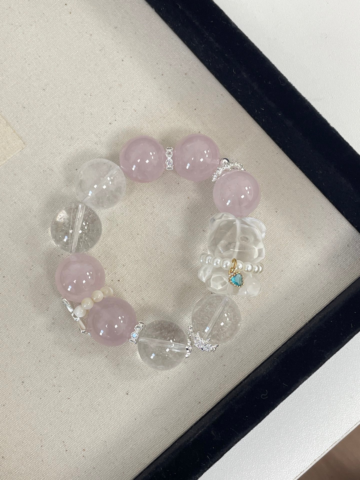 Sweetheart Bear Pendant | Rose Quartz & White Phantom Crystal | 17mm