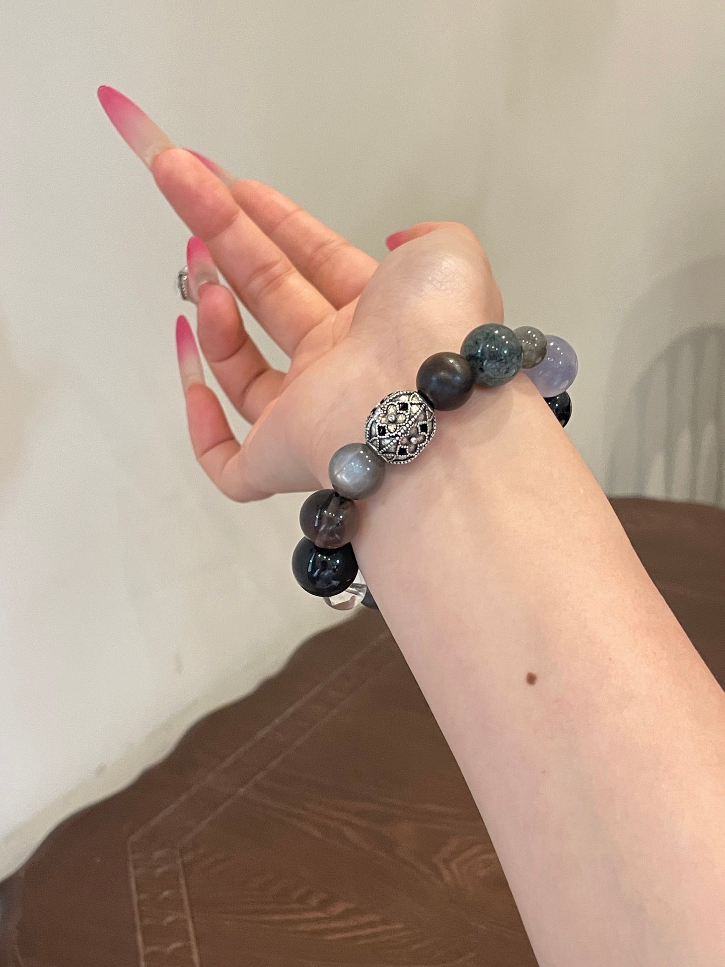 Moonlit Woods Crystal Bracelet | Sandalwood, Moonstone, Black Rutilated Quartz, Obsidian, Fluorite & Clear Quartz | 8–14mm