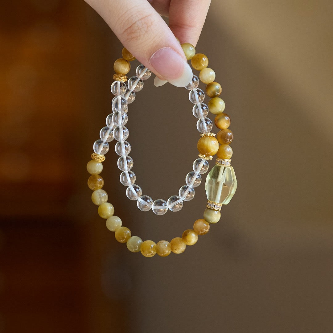 6mm White Crystal & Tiger Eye Double-Layer Bracelet | Gourd or Faceted Citrine Design